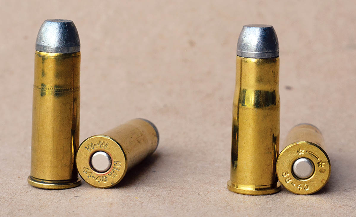 The 44-40 Winchester case (left) was necked down to create the 38-40 case (right).